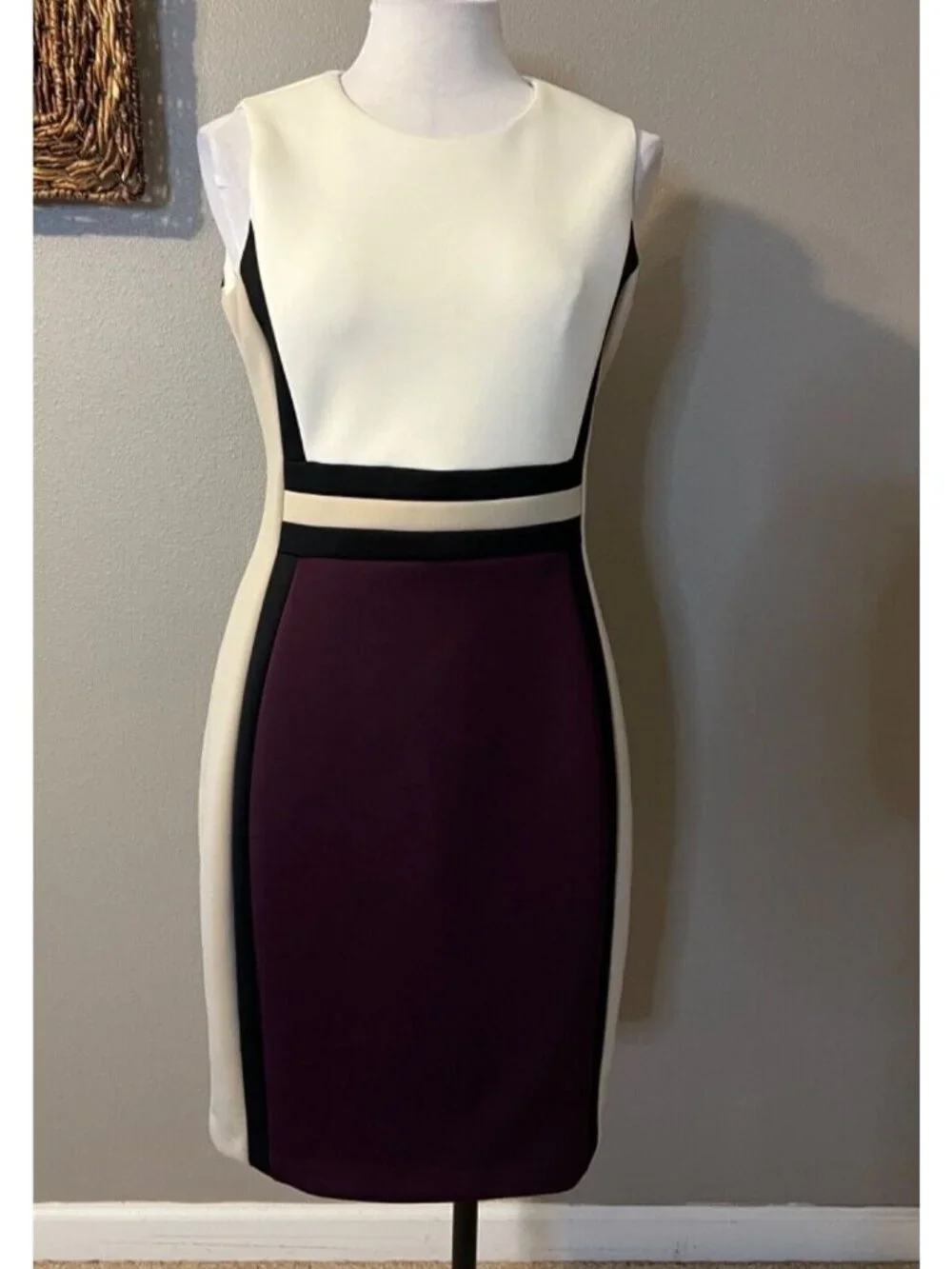 Calvin Klein Dress 8 Black Tan Plum Ivory Stretch Scuba Career Church